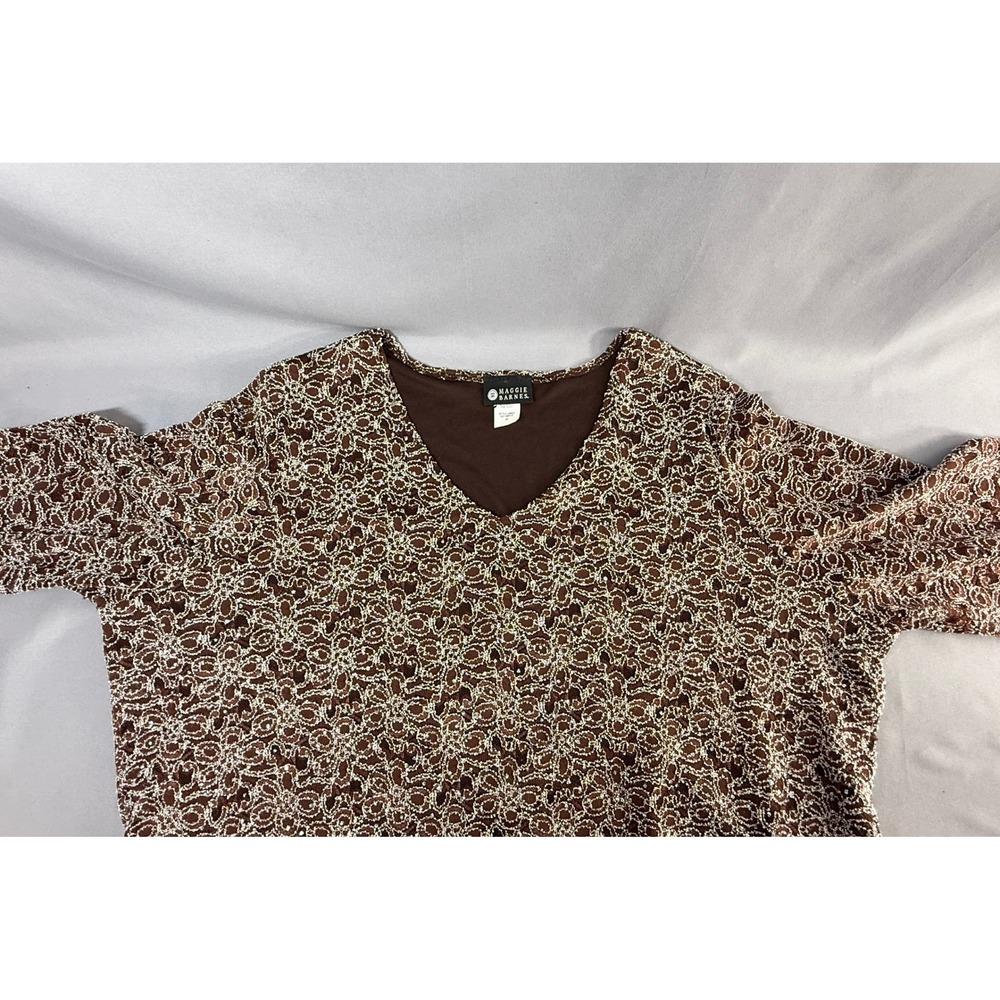 Vintage Maggie Barnes Brown Tunic‎ Top White Micro Beaded  Size 3X Glam Party - Picture 12 of 15